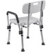 A white Flash Furniture shower chair with adjustable arms and a depth adjustable back.