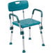 A teal plastic shower chair with metal legs and arms.