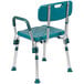 A teal and silver shower chair with arms and a back.