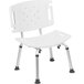 A white plastic Flash Furniture bath chair with a metal frame and extra large back.