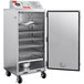 A large stainless steel cabinet with shelves and a door open.