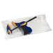 A clear plastic bag with a blue and black tool inside.