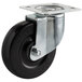 A set of four black and silver Main Street Equipment plate casters with metal wheels.