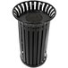 A black round steel cigarette ash receptacle with a lid.