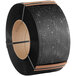 A roll of black plastic strapping with a brown strip on the core.