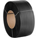 A roll of black plastic strapping with an 8" x 8" core.