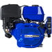 A blue and black DuroMax gasoline engine with a black cover over the recoil starter.