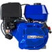 A blue and black DuroMax gasoline engine with a black cover.