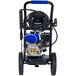 A blue DuroMax pressure washer with a hose attached.