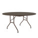 A walnut Correll round folding table with a metal frame.