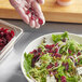 A hand holding Ocean Spray sweetened dried cranberries over a bowl of salad.