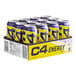 A close up of a box of 12 purple and yellow C4 Energy drink cans.