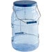A clear plastic container with a blue lid and handle.