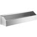 A silver stainless steel shelf with long compartments for metal pans.