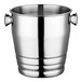 A silver stainless steel wine bucket with two handles.