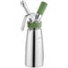 An iSi stainless steel whipped cream dispenser with a green plastic top.