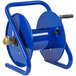 A blue Coxreels hose reel with a metal handle.
