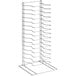 A metal rack with 15 curved shelves.