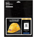 A yellow hard hat with a white Avery rectangle sticker on it.