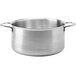 A silver de Buyer stainless steel sauce pot with handles.