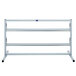 A white metal rack with silver metal bars and three shelves.