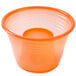A package of 25 neon orange plastic cups with a round container and lid.