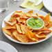 A plate of Mr. Tortilla Low Carb Multigrain tortilla chips with green sauce on it.