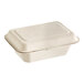 A white EcoChoice natural bagasse take-out container with a lid.