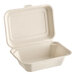 An EcoChoice bagasse take-out container with a lid.