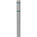 An Innoplast gray bollard cover with green reflective stripes on a white and green pole.