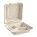 An EcoChoice bagasse take-out container with three compartments.