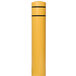 A yellow cylindrical bollard cover with black stripes.