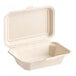 A white EcoChoice bagasse take-out container with a lid.