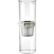 A clear glass Hario water dripper with a filter.
