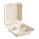 An EcoChoice natural bagasse container with three compartments.