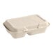 A white EcoChoice bagasse take-out container with 2 compartments.