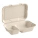 An EcoChoice bagasse take-out container with two compartments.
