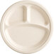 A white EcoChoice bagasse plate with three compartments.