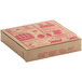A brown cardboard pizza box with red designs.