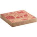 A brown Choice pizza box with red designs.
