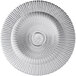 A close up of a silver Acopa charger plate with a circular sunburst pattern.
