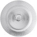 A close-up of a silver Acopa charger plate with a circular sunburst design.
