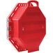 A red plastic Accuform group lock box with a handle.