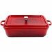 A red rectangular roasting pan with a lid.