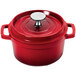 A red GET Heiss round Dutch oven with a lid and a handle.