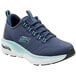 A close up of a navy and aqua Skechers Work Christina non-slip athletic shoe.
