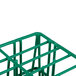 A green plastic Microwire catering glassware basket with compartments and holes on four bars.