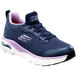 A navy Skechers women's athletic shoe with a close-up of the toe.