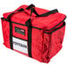 A red Rubbermaid insulated sandwich delivery bag with black straps.