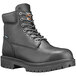 A black Timberland PRO soft toe leather boot with laces.